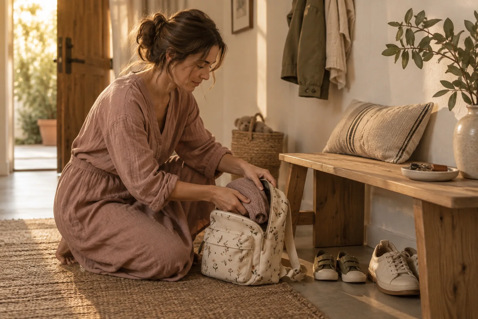 A mother preparing her child's bag beside the front door