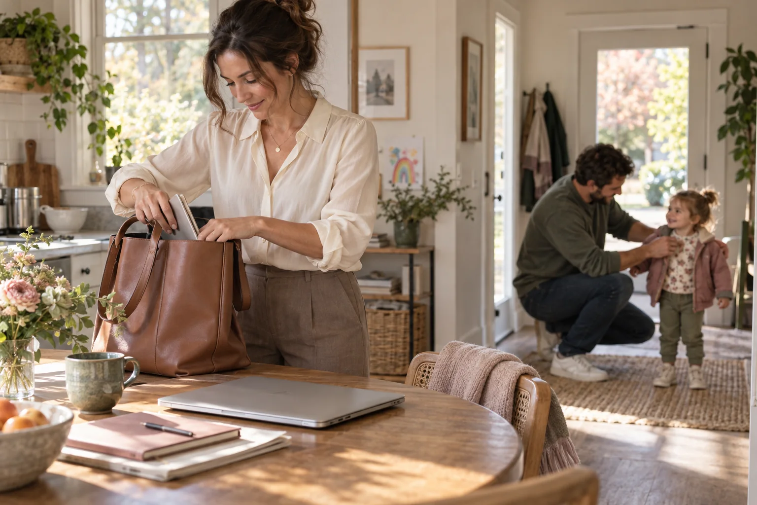 A mother packing her work bag while her partner helps their child at the door